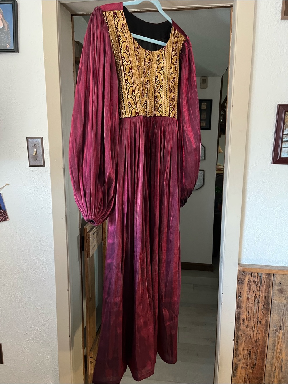 Embroidered Burgundy Maxi Dress with Gold Panel, Renaissance Halloween